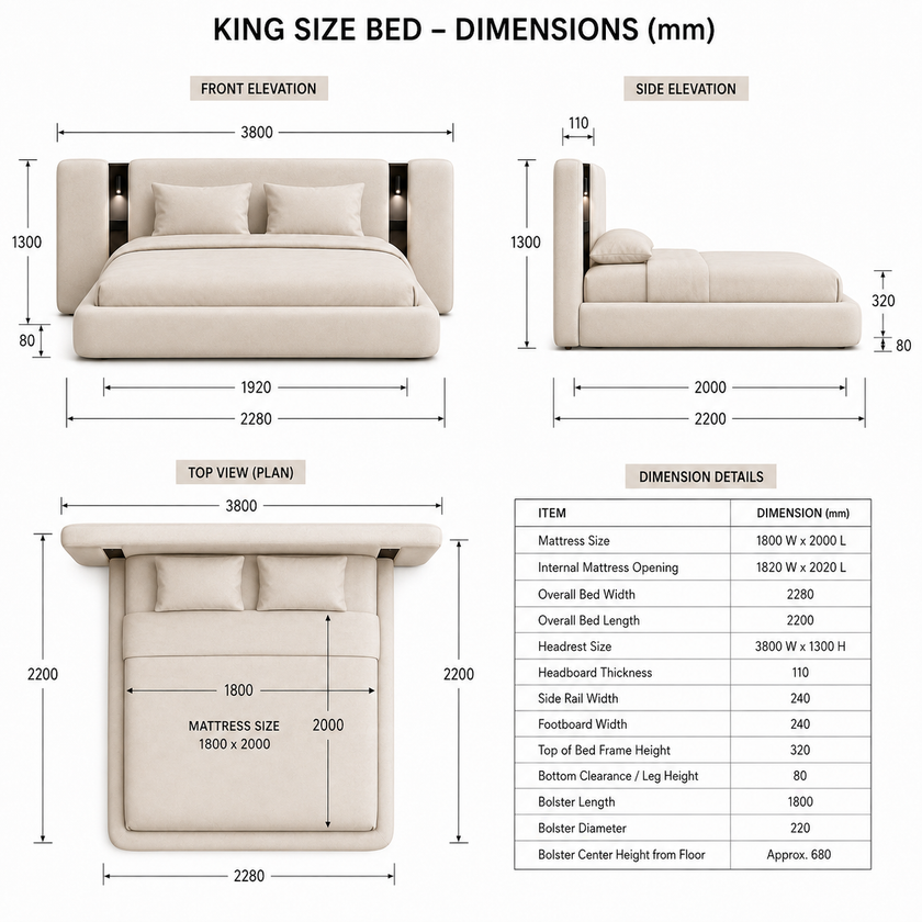Vesper Bed — Integrated LED Reading Lights & sockets