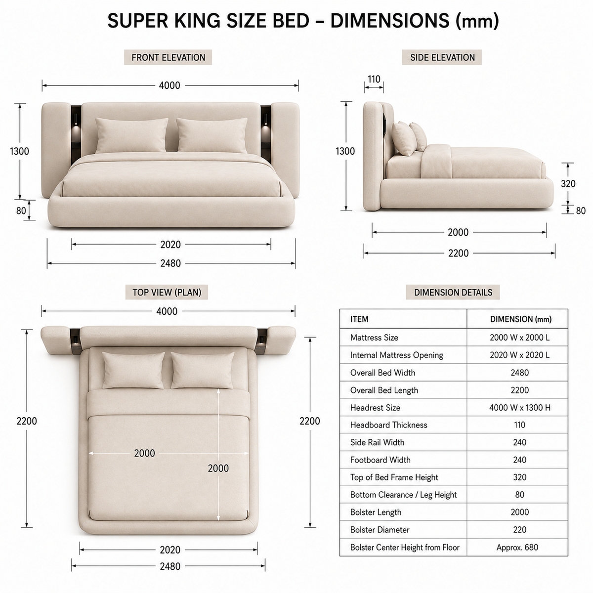 Vesper Bed — Integrated LED Reading Lights & sockets